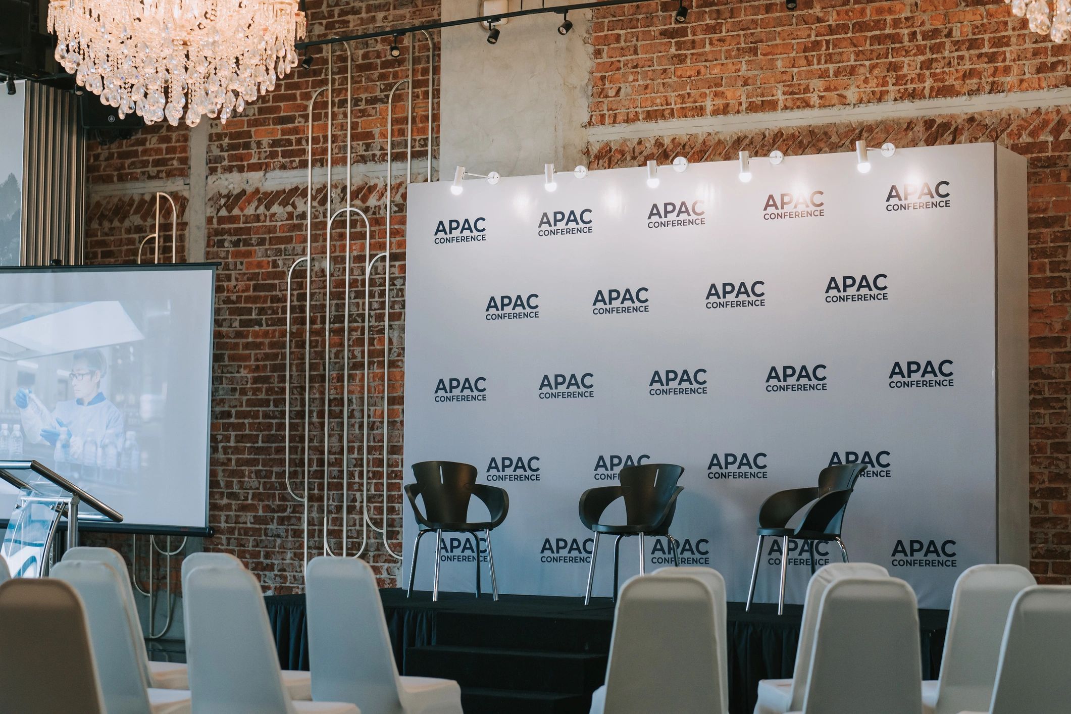 Event setup with stage and seating